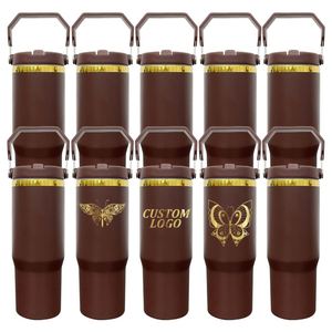 Gobelet isotherme à double paroi en acier inoxydable plaqué or miroir de 30 oz avec poignée et paille rabattable, pour chocolat, expédié depuis l'entrepôt américain - Product Image 1