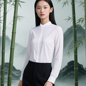 Bamboo Fiber Professional Shirt Long Sleeve Stand Up Collar Unisex Solid Color Workwear Set - Product Image 4