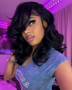 Parrucche Bob Corte Ondulate Nere Naturali in <span class=keywords><strong>Capelli</strong></span> Remy Brasiliani, Densità 200%, 13x4 per <span class=keywords><strong>Parrucca</strong></span> con Frontale in Pizzo Trasparente - Product Image 2