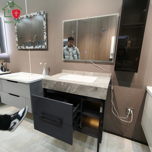 Blue-gray bathroom cabinet with a side transparent display vertical cabinet stone countertop and white washbasin - Product Image 6