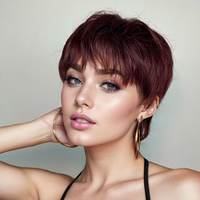 Perruque Coupe Pixie Synthétique Courte Rouge Vin Perruque Pixie avec Frange sans Colle Couches Ondulées pour Femmes 99J
