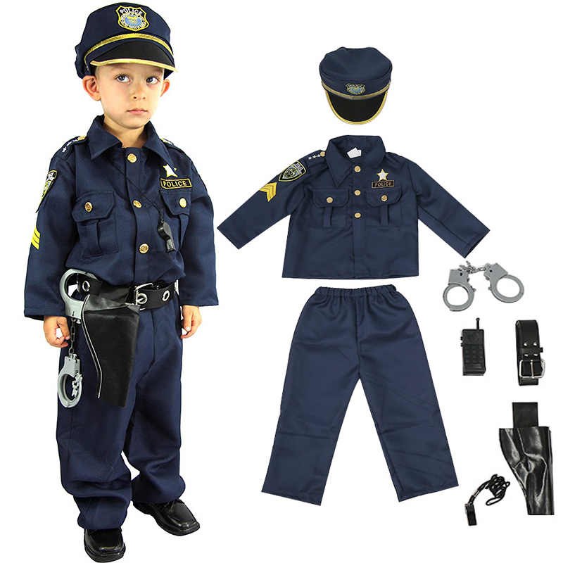 Deluxe Police Officer Costume and Role Play Kit Boys Halloween Carnival Party Performance Fancy Dress Up Uniform Outfit