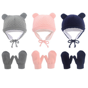 Vente flash : Bonnets pour enfants, 2 pièces, mignons bonnets en laine acrylique à oreilles <span class=keywords><strong>d</strong></span>'ours, ensembles de chapeaux et de gants <span class=keywords><strong>d</strong></span>'<span class=keywords><strong>hiver</strong></span>, mitaines en polaire tricotées chaudes pour bébés - Product Image 5