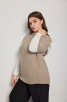 Pull en maille pour femme grande taille, col rond, manches contrastantes à effet double pièce, tons neutres, pour le quotidien, le bureau, le printemps, à superposer