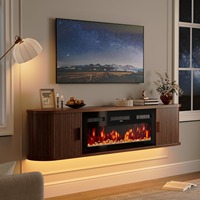 Meuble TV mural flottant de luxe en noyer style ferme avec porte cannelée pour salon, fabriqué en usine