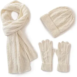 Womens Acrylic Hat Gloves & Scarf Winter Set, 3 Piece Cable Knitted Beanie Hat for Women