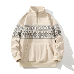 Sweat-shirt polaire vintage pour homme, col montant zippé, imprimé flocons de neige, poche kangourou, vente en gros, décontracté, hiver - Product Image 2