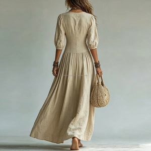 Robe longue <span class=keywords><strong>en</strong></span> lin style bohème pour femme, manches bouffantes, boutonnée, col <span class=keywords><strong>en</strong></span> V profond, plissée, coupe trapèze, robe de soirée, personnalisable OEM - Product Image 3
