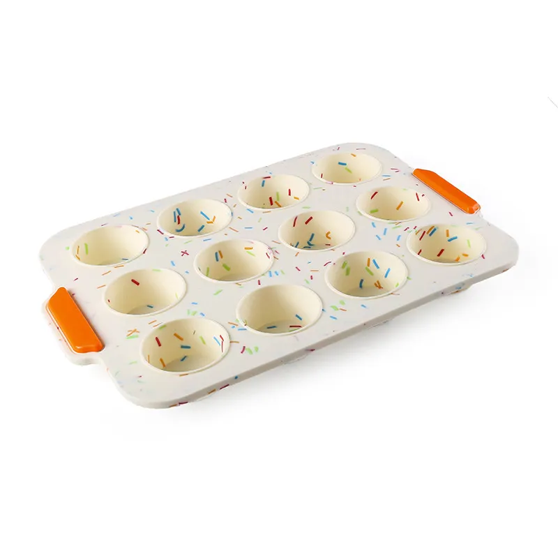 Stampo per Muffin con struttura in acciaio inossidabile rinforzato all'interno di 12 tazze antiaderente in Silicone per forno Mini Muffin tazze per Cupcake