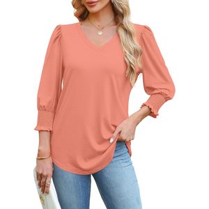 Women's 3/4 Sleeve V Neck T-<b>Shirt</b> Puff Sleeve Ruffles Knitted Polyester Top Casual Wear Needle Detection No Printing - Product Image 2