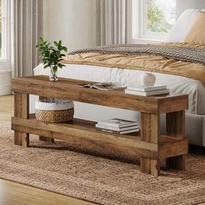 Tribesigns Banco de pie de cama estilo rústico de 59 pulgadas con estante de almacenamiento abierto de 2 niveles <span class=keywords><strong>para</strong></span> dormitorio, entrada, pasillo, sala de estar, marrón rústico - Product Image 3