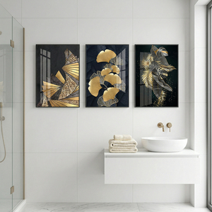 Ensemble de 3 tableaux muraux en toile à feuilles d'or, peinture botanique abstraite moderne noir et or, décoration de luxe pour salon - Product Image 3