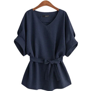 Mùa Hè Phụ Nữ Áo Cánh Linen Áo Sơ Mi V Cổ Lớn Bow Batwing Tie Loose Phụ Nữ Áo Nữ Hàng Đầu Cho Tops 5XL 10% Off - Product Image 6