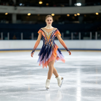 Robe de patinage et de danse pour enfants et adultes, dégradé orange et violet, manches à volants, jupe asymétrique avec strass, pour compétition et spectacle de patinage sur glace
