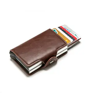 Akıllı cüzdan çift kutu kart tutucu yüksek kaliteli Metal kutu RFID engelleme anti-hırsızlık PU deri seyahat para çantası