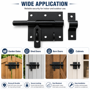 Loquet coulissant de porte en acier noir thermolaqué antirouille avec plaque de fixation pour portail de garage OEM - Product Image 4