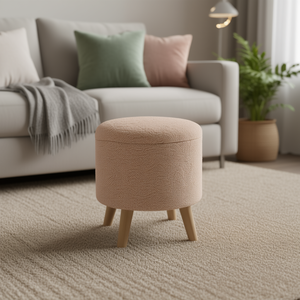 Taburete Otomano Redondo Tapizado en Tela con Patas de Madera, Estilo Escandinavo, Muebles Modernos para Sala de Estar, Taburete para el Hogar - Product Image 2