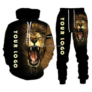 OEM ODM Anime abbigliamento 3D stampato <span class=keywords><strong>leone</strong></span> <span class=keywords><strong>con</strong></span> <span class=keywords><strong>cappuccio</strong></span> personalizzato fatto sublimazione tuta tuta tuta 3d stampa due pezzi Set di pantaloni per gli uomini - Product Image 2