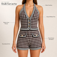Ensemble deux pièces tricoté pied-de-poule personnalisé OEM ODM pour femme : débardeur licou et short taille haute sans manches, tenue décontractée