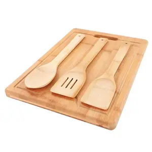 Conjunto de 4 utensílios de cozinha para cozinha, tábua de corte de bambu, espátulas, logotipo personalizado, conjunto de 4 peças, torneiras e tábua de cortar madeira