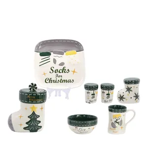 Christmas Dolomite Dinnerware Sets Ceramic Hand painted Christmas tree Bowls Plates And Tableware Set