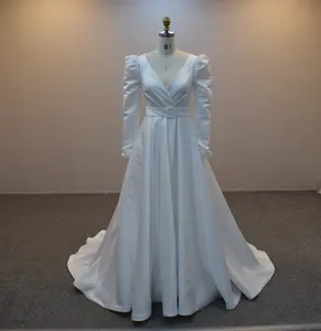 Свадебное платье из крепа, ТРАПЕЦИЕВИДНОЕ просвечивающее платье цвета слоновой кости с V-образным вырезом, длинными рукавами и поясом