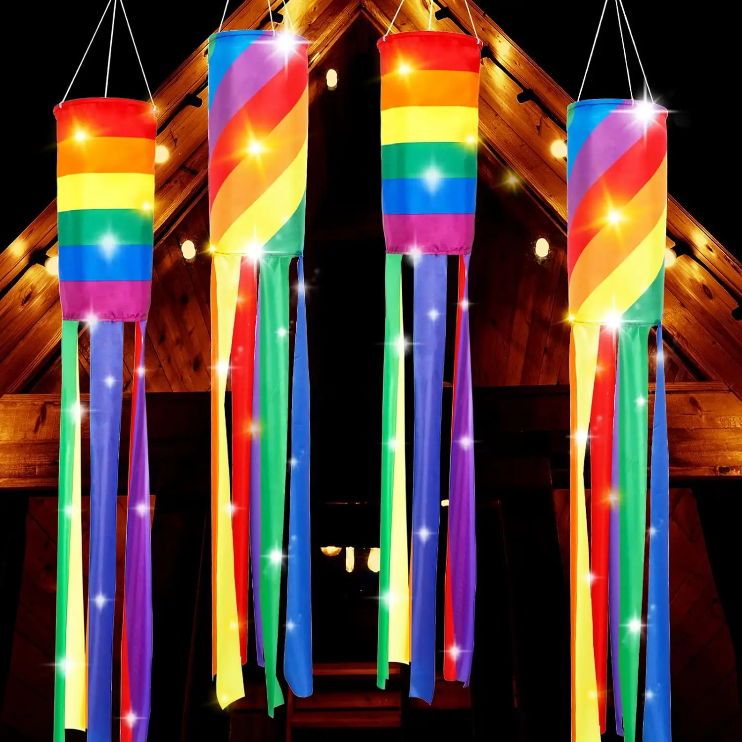 Coluna colorida com luz de corda LED bandeira suspensa arco-íris listrado reutilizável para o Dia do Orgulho Decoração de pátio de jardim ao ar livre