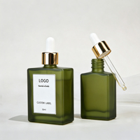Flacon compte-gouttes de luxe en verre dépoli vert avec bouchon doré brillant, flacon vide carré pour sérum de soin et huile essentielle pour le visage