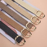 Cinturón Elástico Vintage para Mujer, Cinturón Dorado con Textura Tejida y Hebilla Redonda, Accesorio Elegante para Atuendos Retro