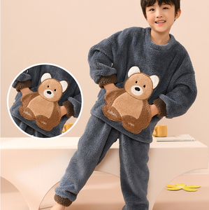 Hongbo sonbahar ve kış bebek kürklü ayı pijama seti sıcak ev çocuk erkek giyim seti kalınlaşmak yumuşak eğlence giyim çocuk pijamaları - Product Image 4