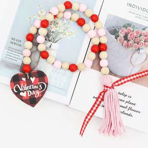 Valentine's Day Wood <b>Bead</b> Garland with Tassels Sweet Love Heart Wooden Sign for Farmhouse Tier Tray Decorations - Product Image 1