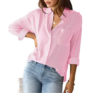 autumn New Spandex / Cotton Casual plus size loose Long sleeve stripe tops shirt blouse for women