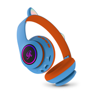 Headset Nirkabel On-Ear Lipat dengan Lampu LED Mikrofon Kompatibel dengan Ponsel Pintar Tablet PC Headphone Telinga Kucing Anak-anak