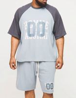 Ensemble court T-shirt et short en tissu gaufré, respirant, décontracté, d'été, imprimé, à blocs de couleur bleu-gris, coupe ample et carrée, manches raglan, 2026, Vente en gros