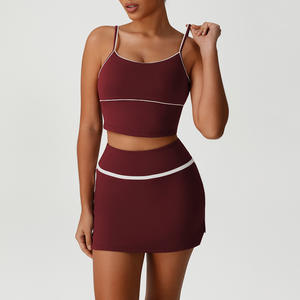 Abito da palestra personalizzato di marca privata <span class=keywords><strong>abbigliamento</strong></span> <span class=keywords><strong>sportivo</strong></span> da <span class=keywords><strong>donna</strong></span> di alta qualità colore che blocca manica lunga scollo a V set gonna da Yoga - Product Image 3