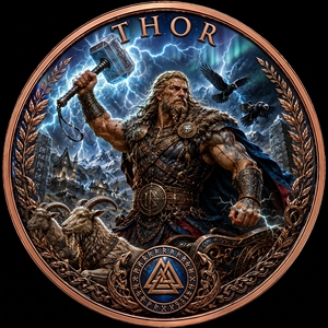 Moneda de Cobre Puro 999 de 1 oz y 5 oz, Dios del Trueno <span class=keywords><strong>Thor</strong></span>, Arte Nórdico Poderoso en Relieve 3D con Efecto UV - Product Image 1