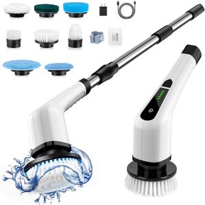Brosse électrique sans fil 360° avec long manche en plastique, 7 têtes de rechange en nylon, étanche pour toilettes et douche - Product Image 1