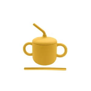 Gobelet en silicone de qualité alimentaire sans BPA avec deux poignées et plateau, pour bébé, avec paille et couvercle - Product Image 1