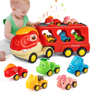 Camion porteur de dinosaures à friction avec 5 véhicules de voiture <span class=keywords><strong>Dino</strong></span> Jouets de camion de dinosaure avec lumière et musique pour cadeaux d'anniversaire pour enfants - Product Image 1
