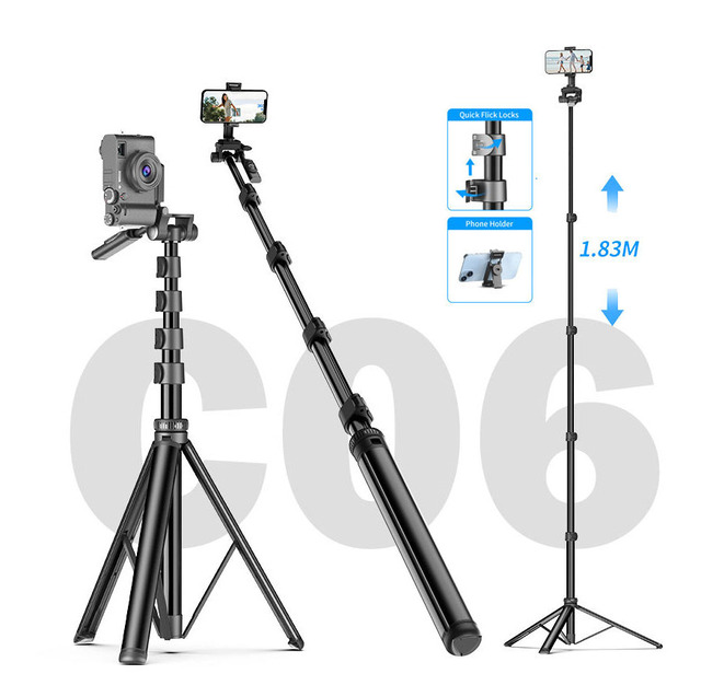 2026 New C06 Separate Mobile Phone Clip 360-Degree Adjustable 72" Aluminum Alloy Super Long Pole Camera Tripod Selfie Stick