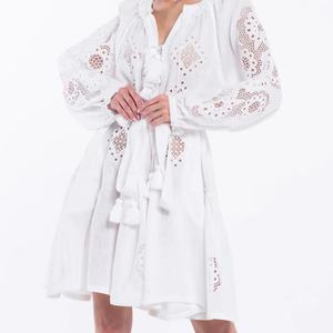 Vestido de Lino y Algodón Personalizable, Elegante, Cuello en V, Casual, Corte en A, Manga Larga, Midi, Vestido de Verano para Mujer - Product Image 2