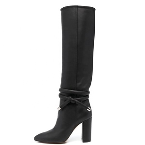 Metal Chain Decor <b>Rope</b> Strap Women Long Booties High Chunky Heel Pointed Toe Shoes on Knee High Knight Boots - Product Image 2