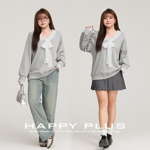 Sudadera con Cuello en V y Ribete de Encaje Happy Plus, Color Gris Claro, Tejido de Algodón, Talla Grande, Sudadera con Capucha para Mujer, Estilo Universitario - Product Image 3