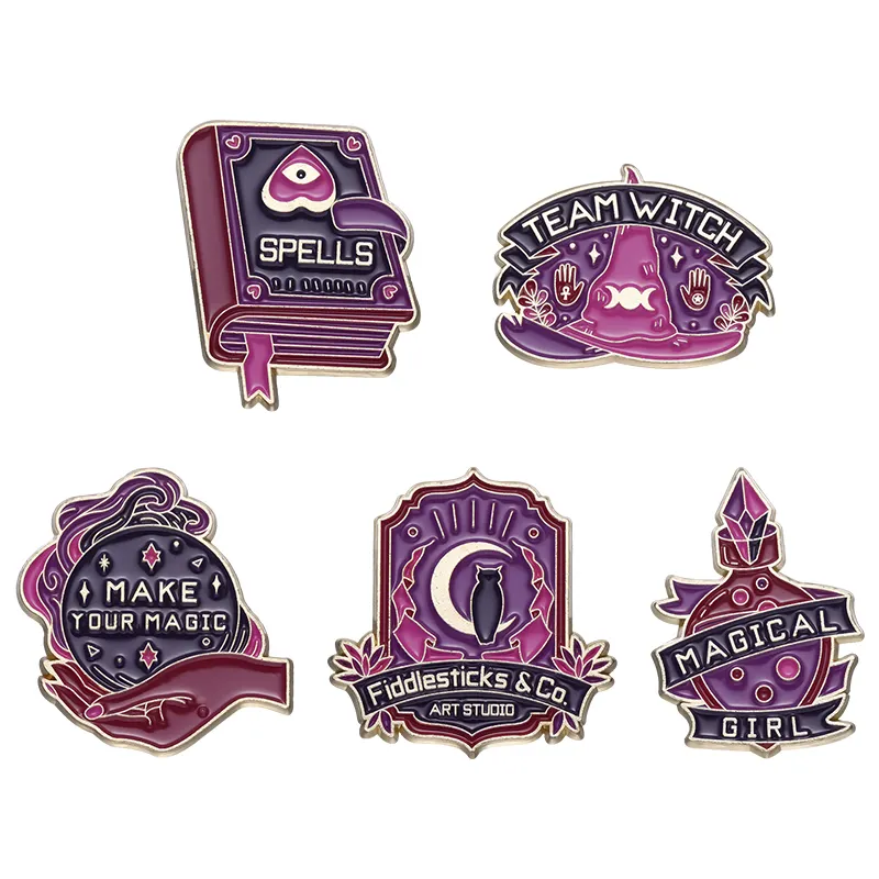 Penyihir sihir Enamel Pin bros buku lencana kucing ungu kristal perhiasan Kustom Halloween Punk Gothic aksesoris grosir