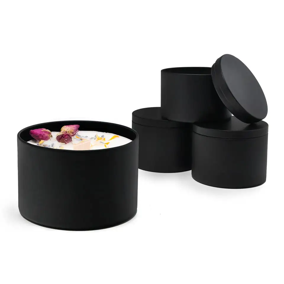 Latas de lata para velas con tapa, caja de lata con logotipo personalizado de fábrica, color negro mate, vela de Metal, 4oz, 8oz, 16oz