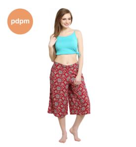 Pantalones de algodón hasta la rodilla para mujer, pantalón CAPRI PALAZZO, pantalón corto, Rojo - Product Image 5