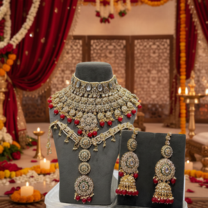 Gold Plated Kundan Stone and <b>Beads</b> Meenakari Bridal <b>Set</b> 10581366RD Exquisite Fine Jewelry <b>Set</b> for Brides - Product Image 3