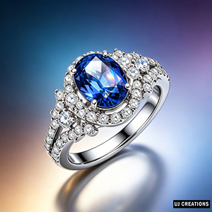 Bague de fiançailles vintage en or 18 carats pour femme avec saphir ovale et diamants pavés, plaquée rhodium - Product Image 5