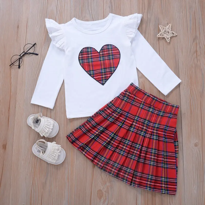 2021 Koreaanse 2 Stuks Kinderen Meisjes Kleding Set Koreaanse Mooie Katoen Lange Mouw Liefde Patroon Dagelijkse Leisure Tops En Plaid rok