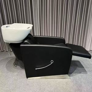 Modern Black Semi-<b>Reclining</b> <b>Leather</b> Shampoo <b>Chair</b> with Ceramic Basin for Salon Hair Washing Commercial Barber Use - Product Image 3